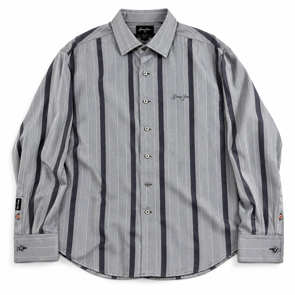 Sean John Mens Striped Button Up Shirt Long Sleeve Gray Black Dress Shirt